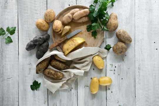 Studio shot of different varieties of raw potatoes
