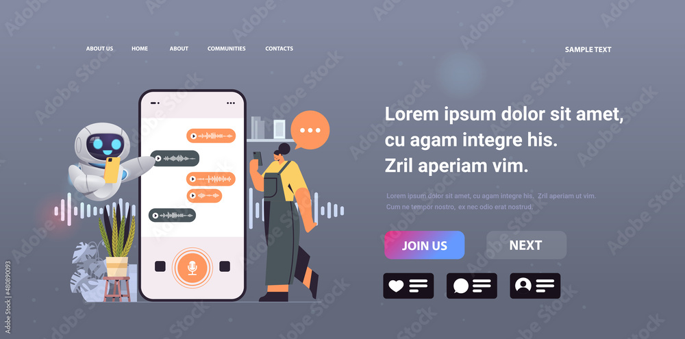 Poster woman with chatbot recording or listening voice messages on smartphone screen audio record sending o