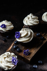 Chocolate cupcakes with blueberries on a dark table