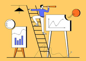 Business development successful, strategy to reach business target or career path achievement concept. Businessman holding telescope on top of ladder