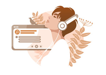 Young Girl Listen Sound Composition on Music Player or Mobile Phone Application. Female Character Wearing Headphones Enjoying Melodies and Relax. Vector Illustration
