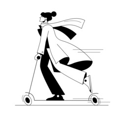Happy beautiful woman riding kick scooter on white background. Funny girl on modern personal ecological transporter. Sports outdoor activity. Black and white vector illustration.