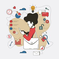 Female entrepreneur, woman leadership or challenge and achievement concept. Business analysis, calculate or research for market growth, financial report, investment data or sale information concept