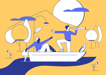 Two men swimming on boat to nature. Happy people sailing to picturesque ecologically clean place flat style concept. Vector illustration