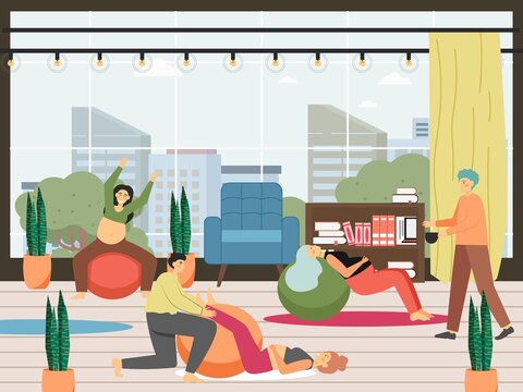 Pregnant mom gym or house workout on fit ball, vector illustration. Prenatal health care, pregnancy ball exercises.