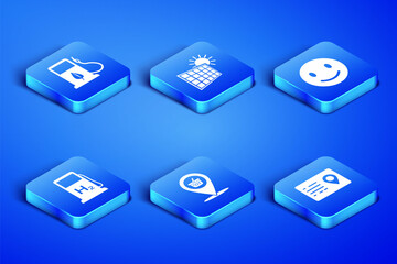 Set Address book, Bio fuel with fueling nozzle, Location shopping basket, Hydrogen filling station, Solar energy panel and sun and Smile face icon. Vector