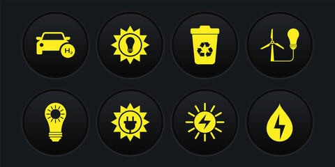 Set Solar energy panel, Light bulb with wind turbine, Recycle recycle, Water and Hydrogen car icon. Vector