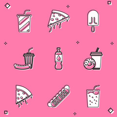 Set Glass with water, Slice of pizza, Ice cream, Soda and hotdog, Bottle, drink donut, and Hotdog sandwich icon. Vector