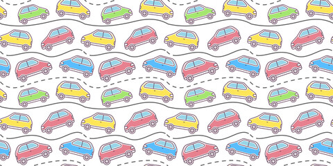 Vector horizontal kid illustration of colorful car driving on road on white background. Line art style design of car traffic seamless pattern
