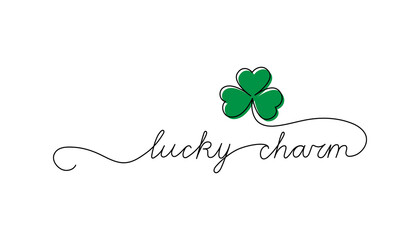 Continuous One Line script cursive text lucky charm. Vector illustration for Patrick’s day, design for poster, card, banner, print on shirt.