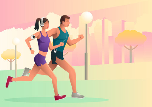 Couple jogging and running outdoors in the park
