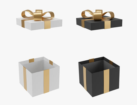 Christmas gift black box tied with gold ribbon. Birthday gift box on white background. Happy celebration present. Black firday week gift box set. 3D rendering	

