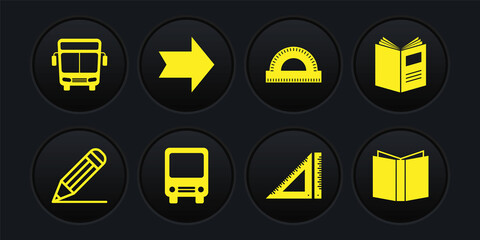 Set Pencil and line, Open book, Bus, Triangular ruler, Protractor grid, Arrow, and icon. Vector