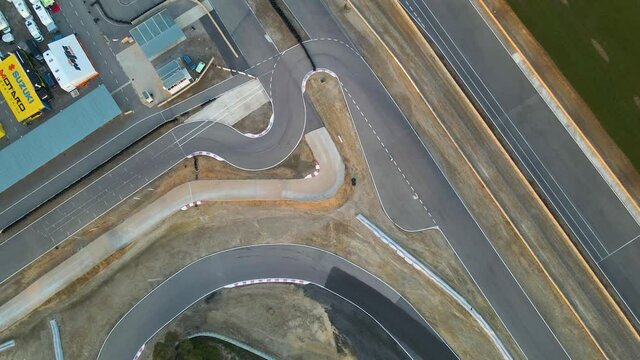 Aerial view over racing track. Morning sunrise in Alcarras, Spain.