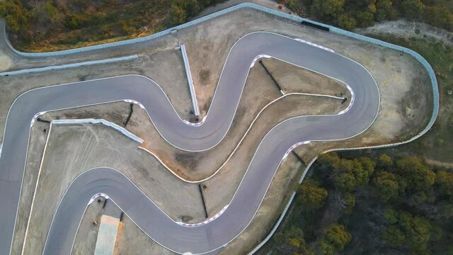 Aerial view over racing track. Morning sunrise in Alcarras, Spain.