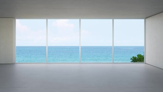 Glass window near blank wall on empty concrete floor of large living room in modern house or luxury hotel. Minimal home interior 3d rendering with beach and sea view.