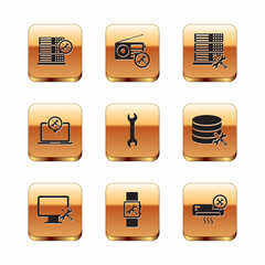 Set Database server service, Computer monitor, Smartwatch, Wrench, Laptop, Air conditioner and Radio icon. Vector