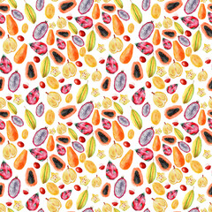 Watercolor seamless pattern with exotic fruits