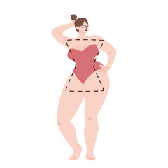 Female body type hourglass. Cartoon light skinned chubby girl in a strapless swimsuit. Vector stock illustration of a woman with broad shoulders isolated on white background.