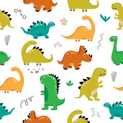 Seamless pattern with funny dinosaurs on a white background. Use for textiles, packaging paper, posters, backgrounds, decoration of children's parties. Vector illustration