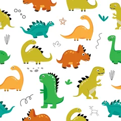 Fotobehang Seamless pattern with funny dinosaurs on a white background. Use for textiles, packaging paper, posters, backgrounds, decoration of children's parties. Vector illustration © Anastasiya Shmakova