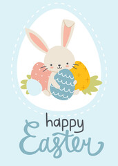 Easter bunny seating with painted eggs, card with calligraphic text. Cartoon easter cute rabbit poster with lettering.