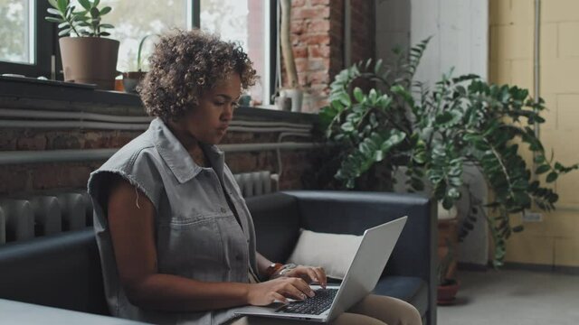Medium long of young short-haired Black woman sitting on sofa by window in modern office at daytime, using laptop computer