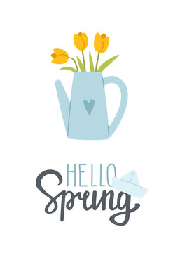 Fototapeta Spring poster with calligraphic lettering and tulip flower in watering can. Springtime print.
