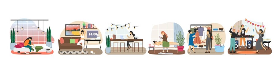 Woman daily life, routine, leisure. Girl playing with dog, working, shopping, training, dancing at night party, vector.
