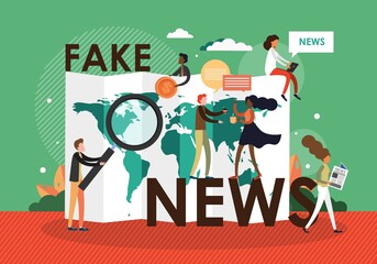 Fake news and information fabrication. People reading false news from newspaper, social media posts, websites, vector.