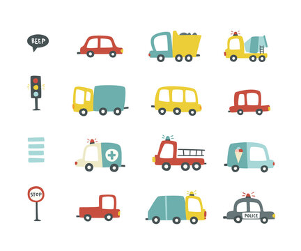 Cartoon baby cars set. Collection of simple doodle vehicle. Bundle of cute abstract childish transport.