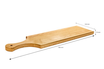 Old stained clean empty rectangular wooden cutting board isolated on white in an oblique low angle view for food placement