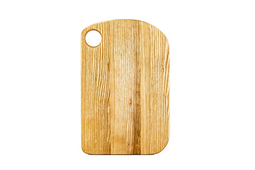 Old stained clean empty rectangular wooden cutting board isolated on white in an oblique low angle view for food placement