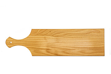 Old stained clean empty rectangular wooden cutting board isolated on white in an oblique low angle view for food placement
