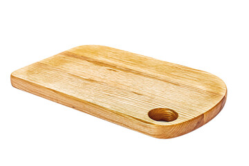 Old stained clean empty rectangular wooden cutting board isolated on white in an oblique low angle view for food placement