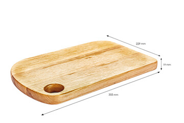 Old stained clean empty rectangular wooden cutting board isolated on white in an oblique low angle view for food placement