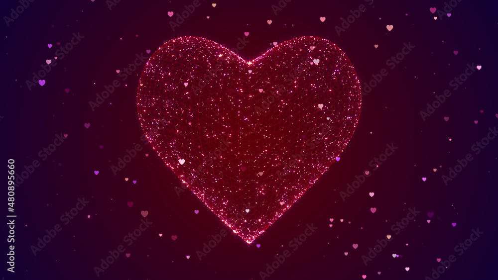 Poster abstract red shiny magical shimmering heart shape with glitter starry effect and flying heart partic