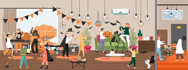 Halloween party preparation and celebration scene set, vector illustration. Home decoration, dance party, trick or treat
