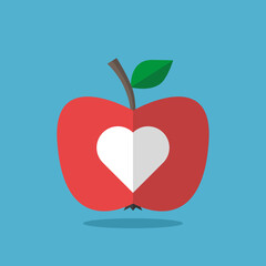 Apple with heart shape carved. Organic food, eco fruit, love, romance, health and dieting concept. Flat design. Vector illustration. EPS 8, no gradients, no transparency