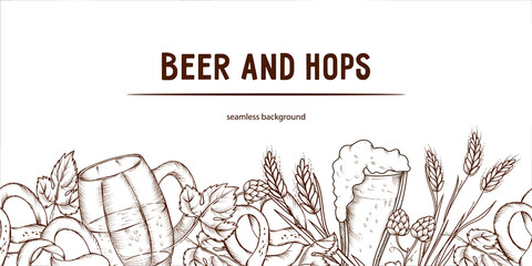 Beer hop seamless background or repeatable frame lower part, engraved hand drawn style vector illustration isolated on white background. Vintage beer endless design template.