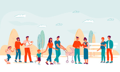Fototapeta premium City park with families walking together, flat vector illustration. Park in the city with people - parents and children walking on weekends. Family spare time and joint rest.