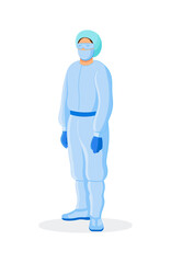 Woman in protective medical suit, in mask, goggles, doctor in personal protective equipment.