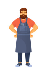 Hipster barber with beard in apron, accessories. Beauty, healthy lifestyle.