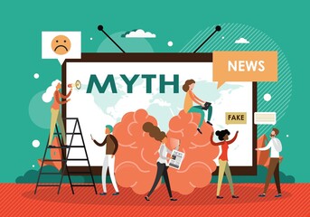 Myth, fake news and facts, vector illustration. People read false news from newspaper, social media, watch tv programs.
