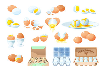 Broken eggs with cracked eggshell, in cardboard box, egg half with yolk, boiled and fried, form for food.