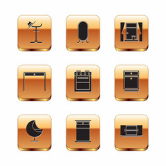 Set Coat stand, Armchair, Big bed, Oven, Wooden table, Window with curtains, TV and full length mirror icon. Vector