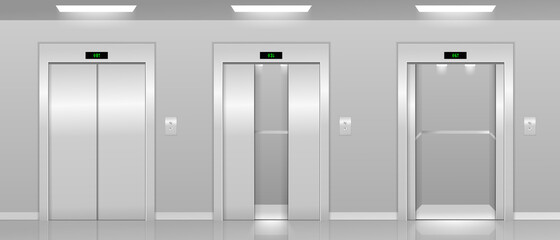 Realistic 3d Detailed Elevator with Opened and Closed Metal Doors Modern Interior Office or Hotel. Vector realistic empty lobby interior with lift