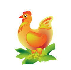 A red-haired chicken with a beak and feathers on the grass with a white background