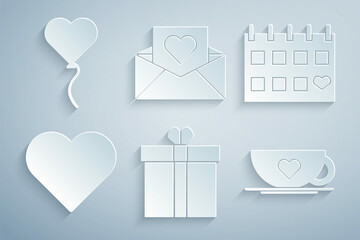 Set Gift box and heart, Calendar with, Heart, Coffee cup, Envelope Valentine and Balloon form icon. Vector