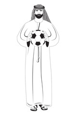 Arab man standing holding a soccer ball with Qatar flag background in anticipation of world cup 2022, black and white illustration